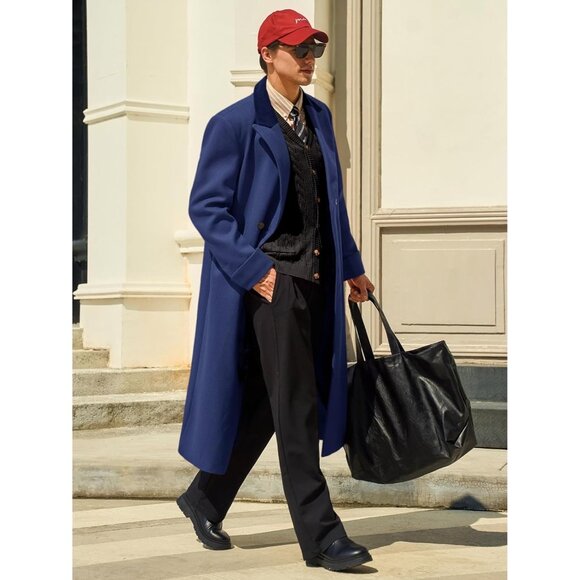 Mens Navy Blue   Full Length Trench Coat Double Breasted Classic Winter Overcoat - Picture 4 of 5